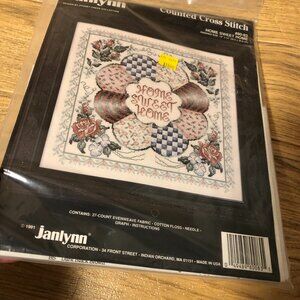 Vintage Janlynn Counted Cross Stitch, "Home Sweet Home" in soft green and pink